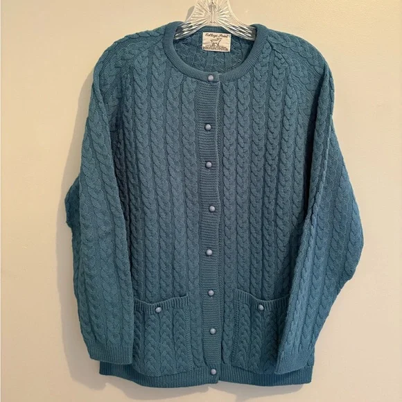 Vintage College Point Medium Cardigan Blue Crewneck Cable Knit Acrylic Classic - Picture 2 of 12